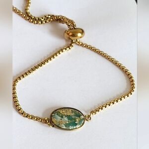 Handcrafted Boho Gold Green Agate Gemstone Oval Dainty Adjustable Bracelet